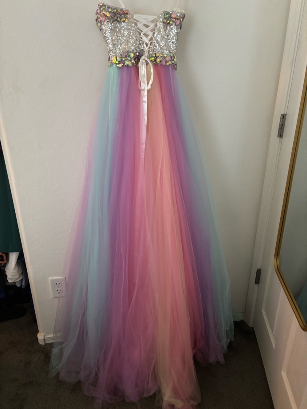 Mac Duggal Size 0 Pastel Rainbow Tulle Prom Gown Crystal Bodice - Picture 2 of 11